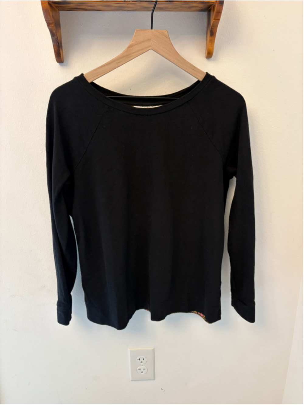 LOFT Black Mixed Media Floral Split Back Long Sleeve Top Size S